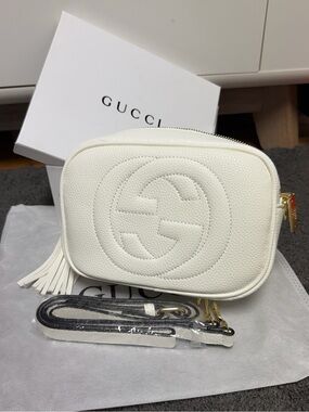 Bag G White Pebbled Leather Crossbody Camera Bag with Tassel